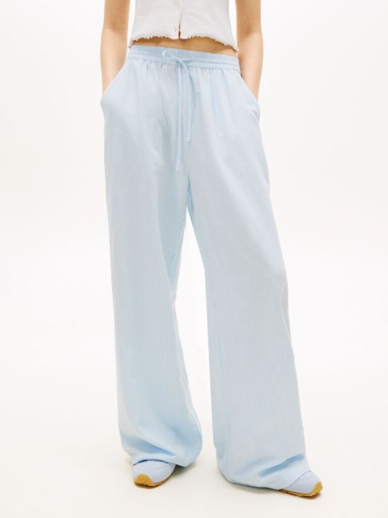 Blue Loose Linen Blend Drawstring Trousers  Women
