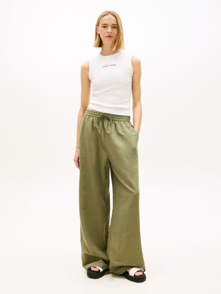 Green Loose Linen Blend Drawstring Trousers  Women
