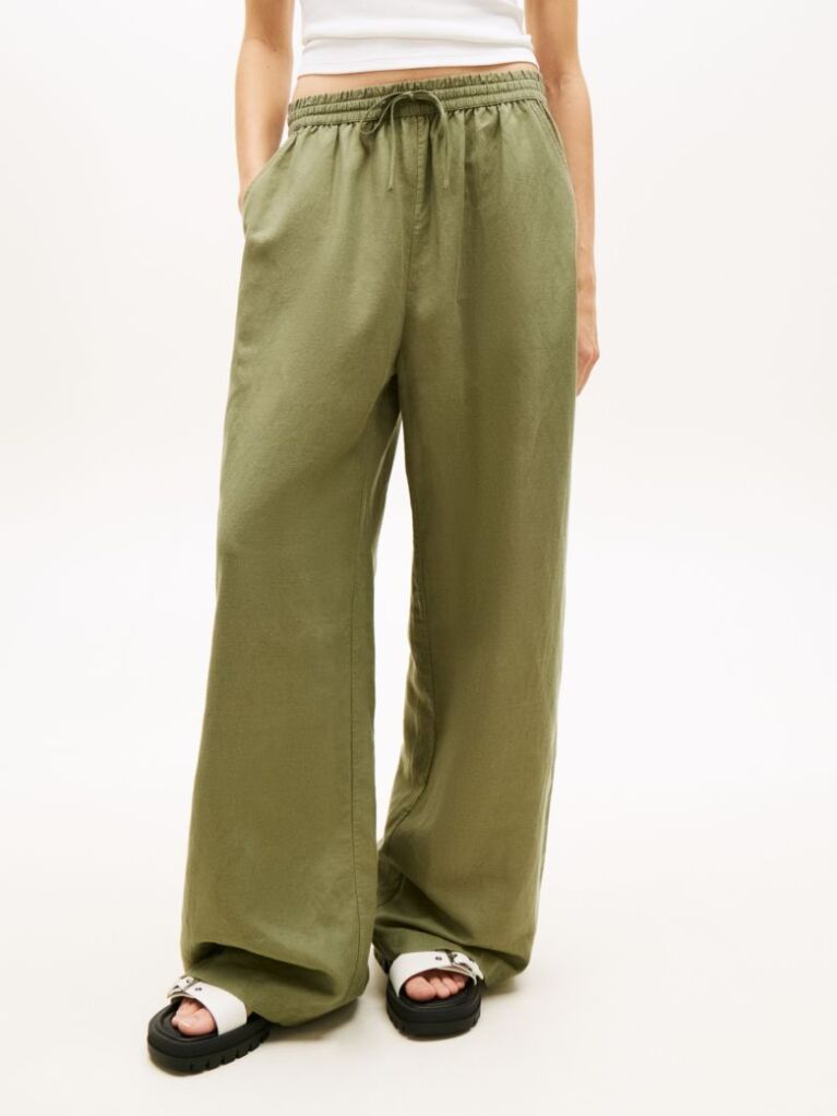 Green Loose Linen Blend Drawstring Trousers  Women