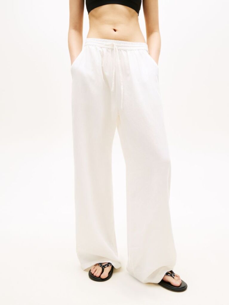 White Loose Linen Blend Drawstring Trousers  Women