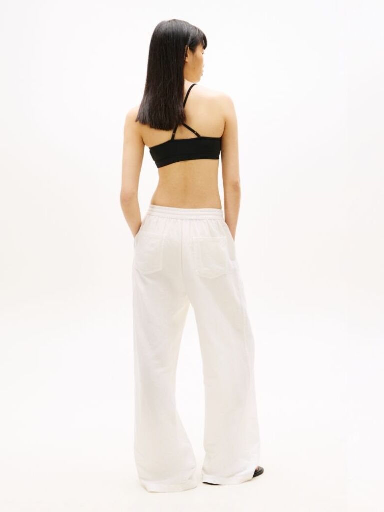 White Loose Linen Blend Drawstring Trousers  Women