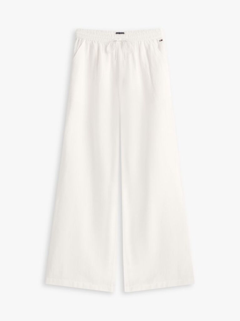 White Loose Linen Blend Drawstring Trousers  Women