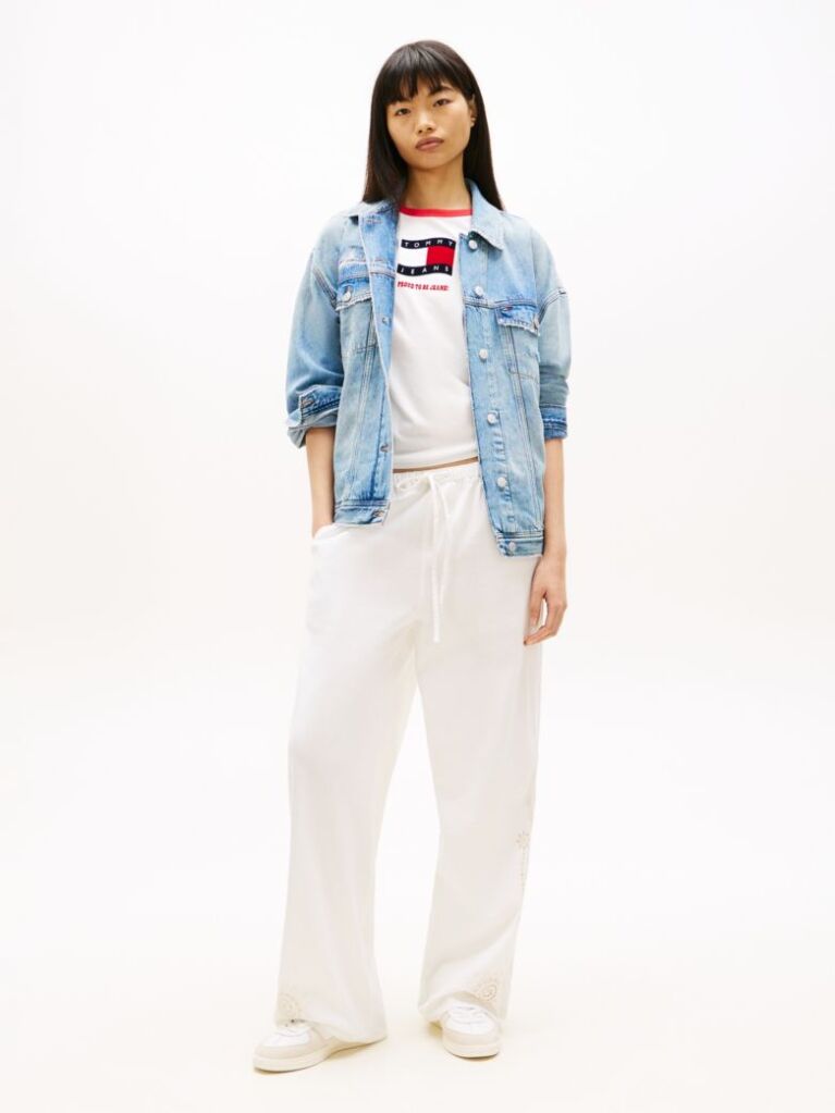 Beige Broderie Anglaise Drawstring Trousers With Linen  Women