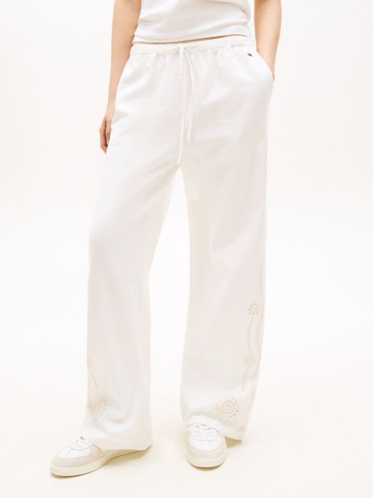 Beige Broderie Anglaise Drawstring Trousers With Linen  Women
