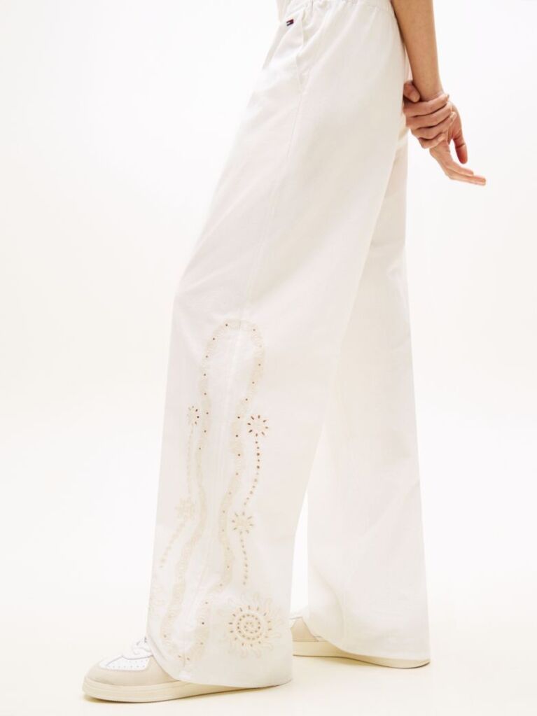 Beige Broderie Anglaise Drawstring Trousers With Linen  Women