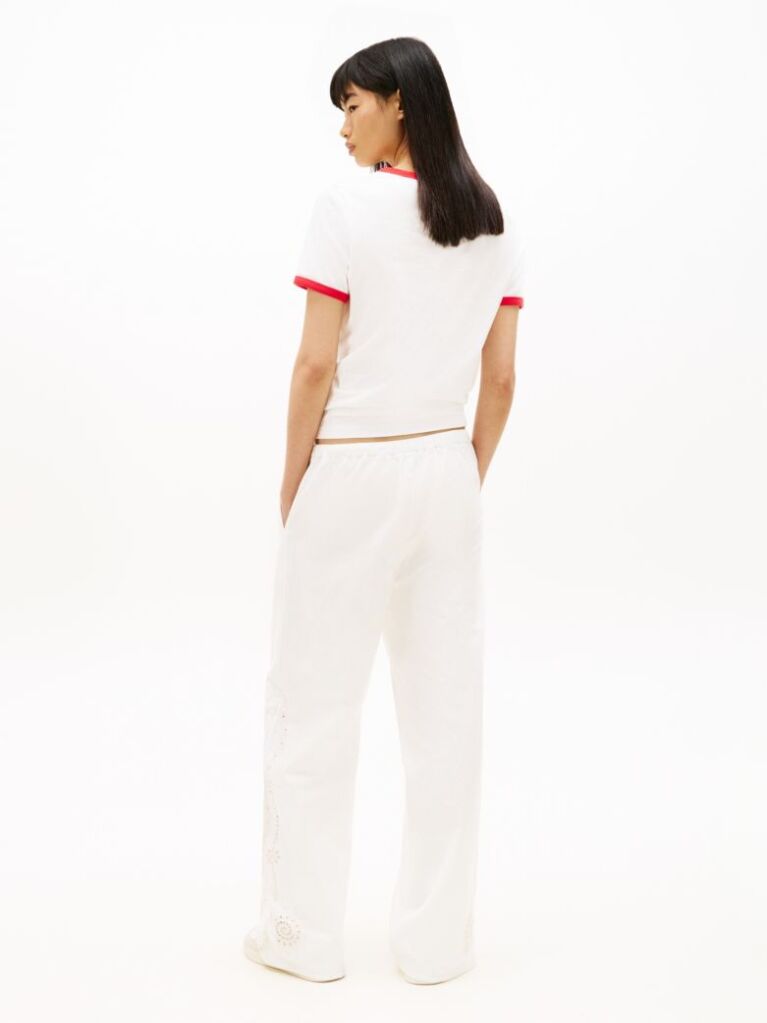 Beige Broderie Anglaise Drawstring Trousers With Linen  Women