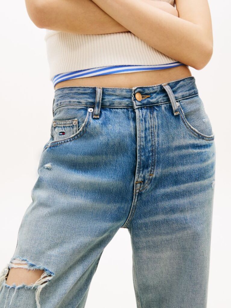 Denim Mia Distressed Mid Rise Relaxed Straight Leg Jeans  Women