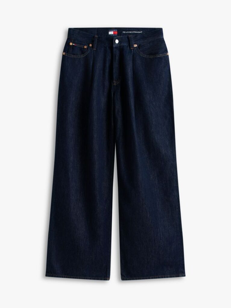 Denim Pleated Mid Rise Loose Straight Leg Jeans  Women