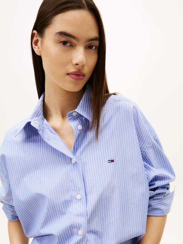 Blue Oversized Fit Metallic Cropped Shirt  Women