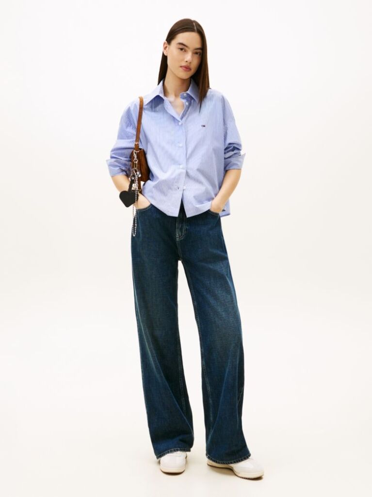 Blue Oversized Fit Metallic Cropped Shirt  Women