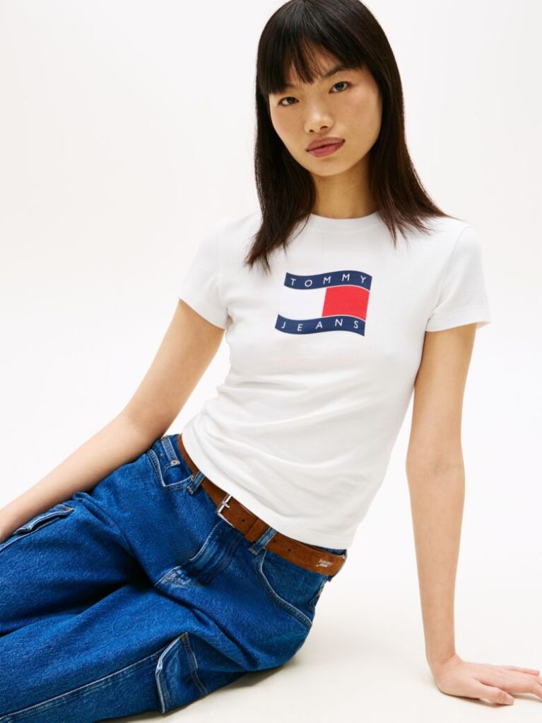 White Wavy Flag Jersey Slim T-Shirt  Women