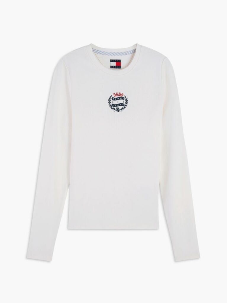 Άσπρο Μακρυμάνικο T-Shirt Σε Στενή Γραμμή Με Οικόσημο  Γυναίκες