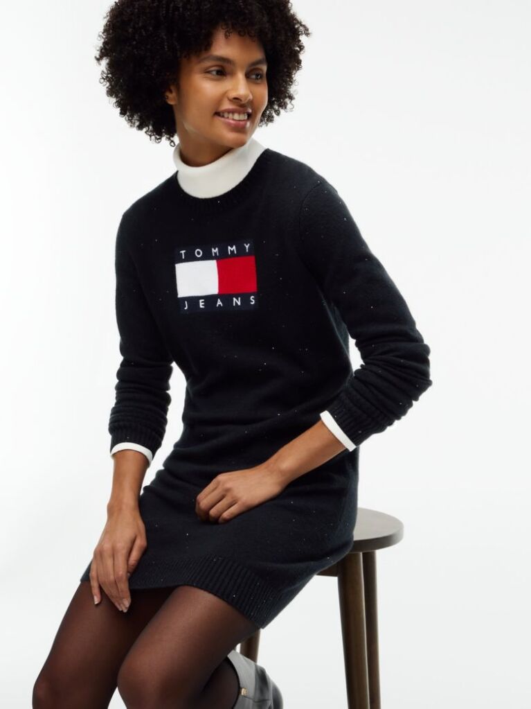 Black Sparkle Flag Badge Mini Jumper Dress  Women