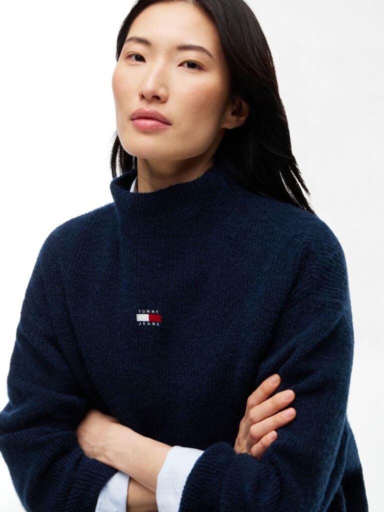 Blue Tommy Badge Mock Neck Jumper With Alpaca  Women