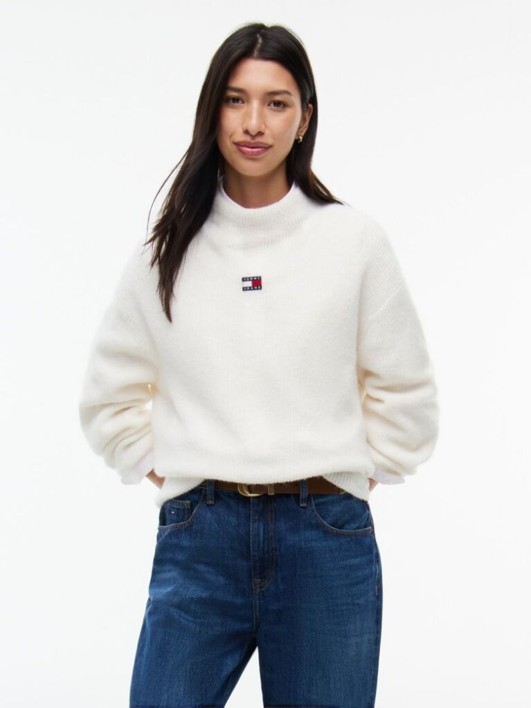 White Tommy Badge Mock Neck Jumper With Alpaca  Women