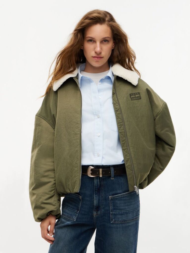 Πράσινο Τζάκετ Bomber Oversized Με Γιακά Από Συνθετική Γούνα  Γυναίκες