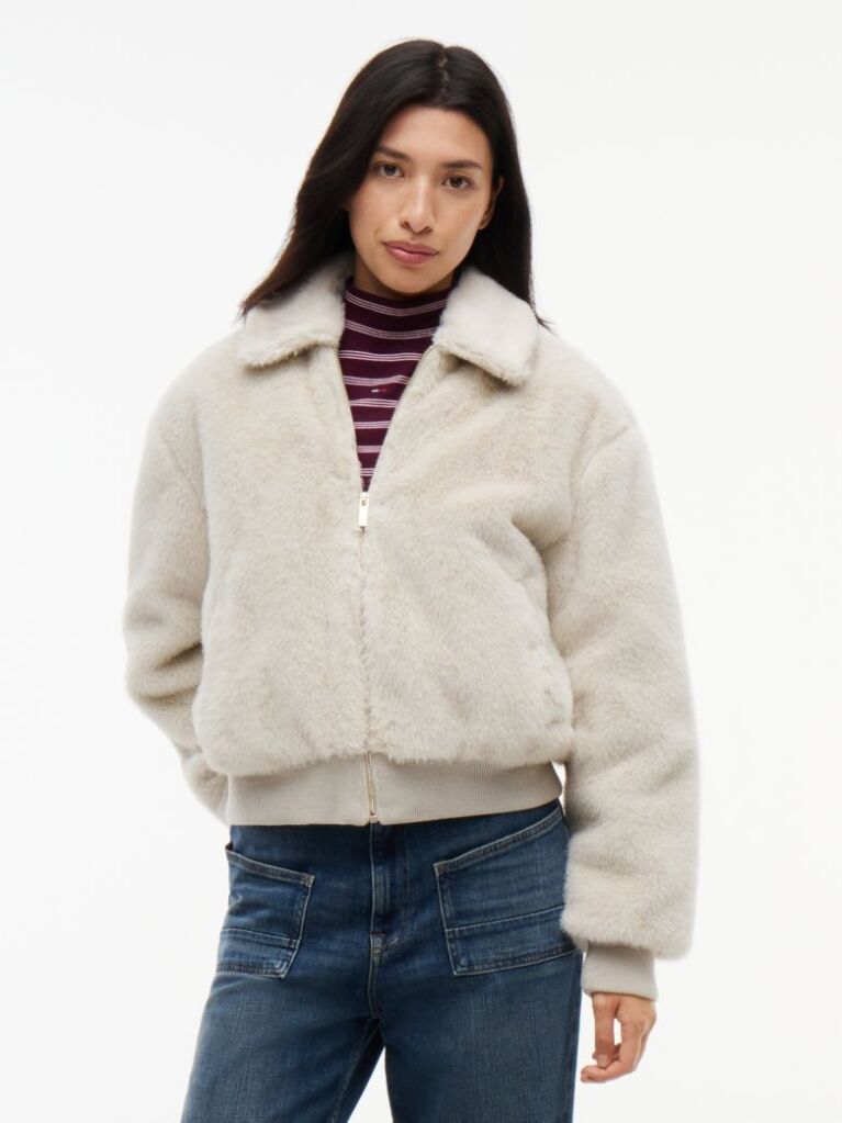 Beige Faux Fur Relaxed Zip-Thru Jacket  Women