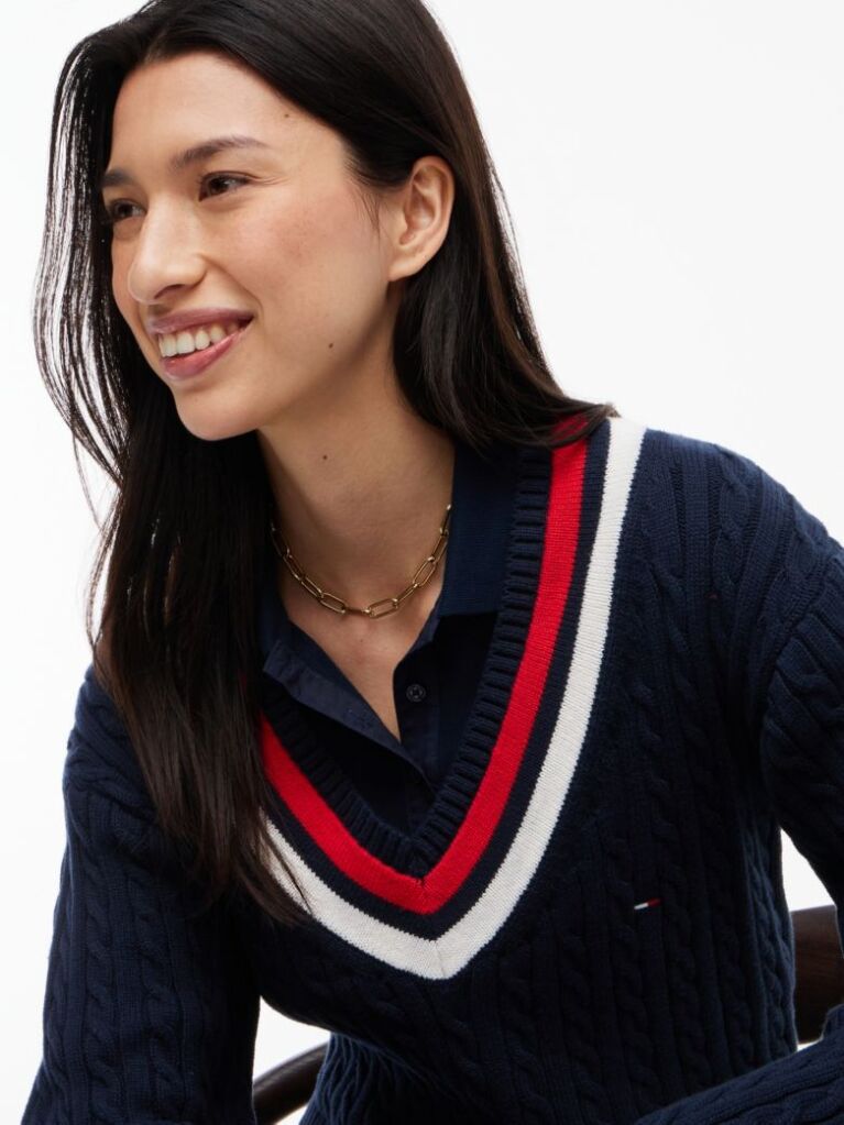 Blue Cable Knit Oversized V-Neck Jumper  Women