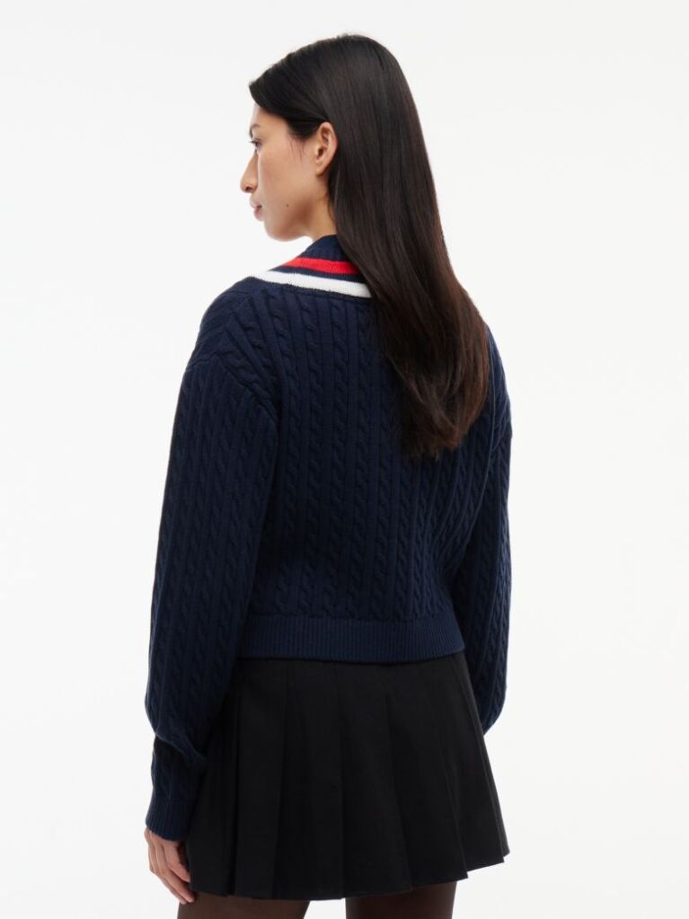 Blue Cable Knit Oversized V-Neck Jumper  Women