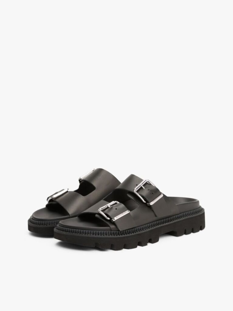 Black Leather Double Strap Cleat Sandals  Women