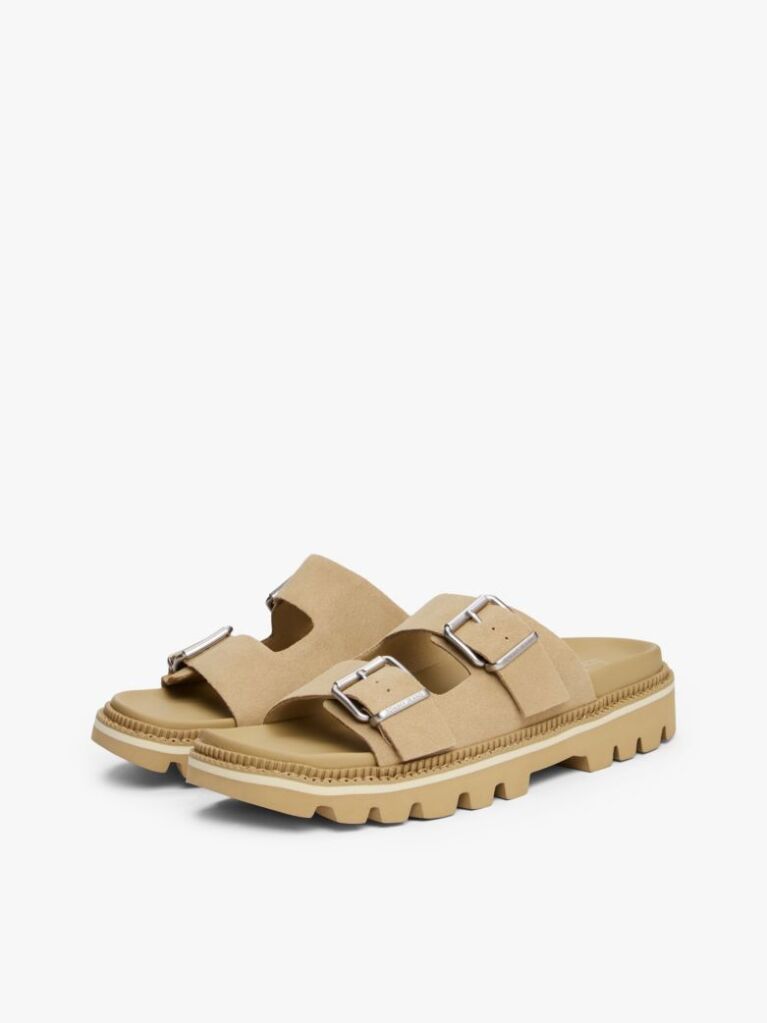 Beige Suede Double Strap Cleat Sandals  Women