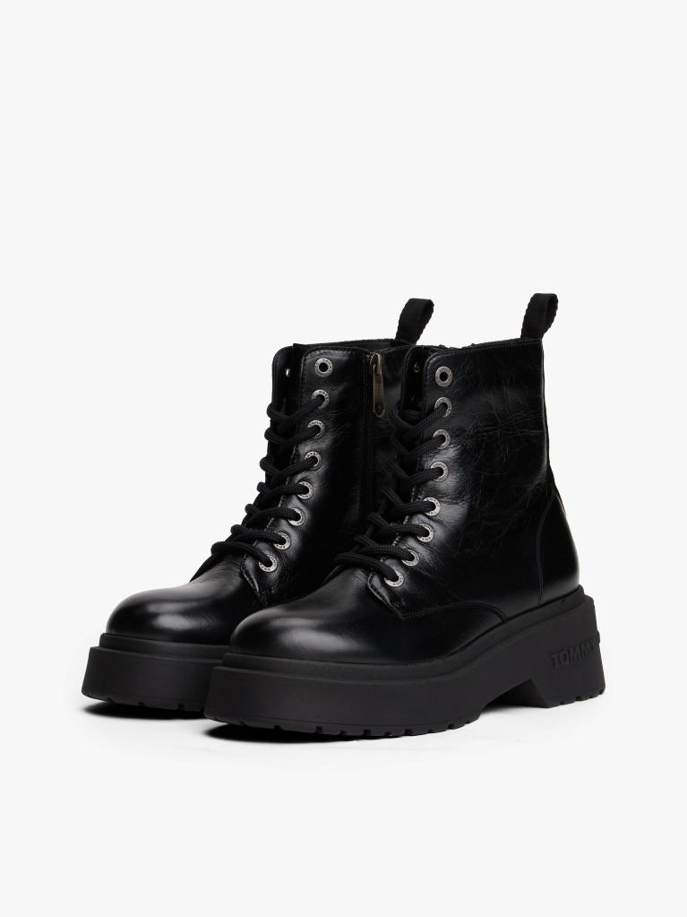 Black Shiny Leather Chunky Cleat Mid Boots  Women