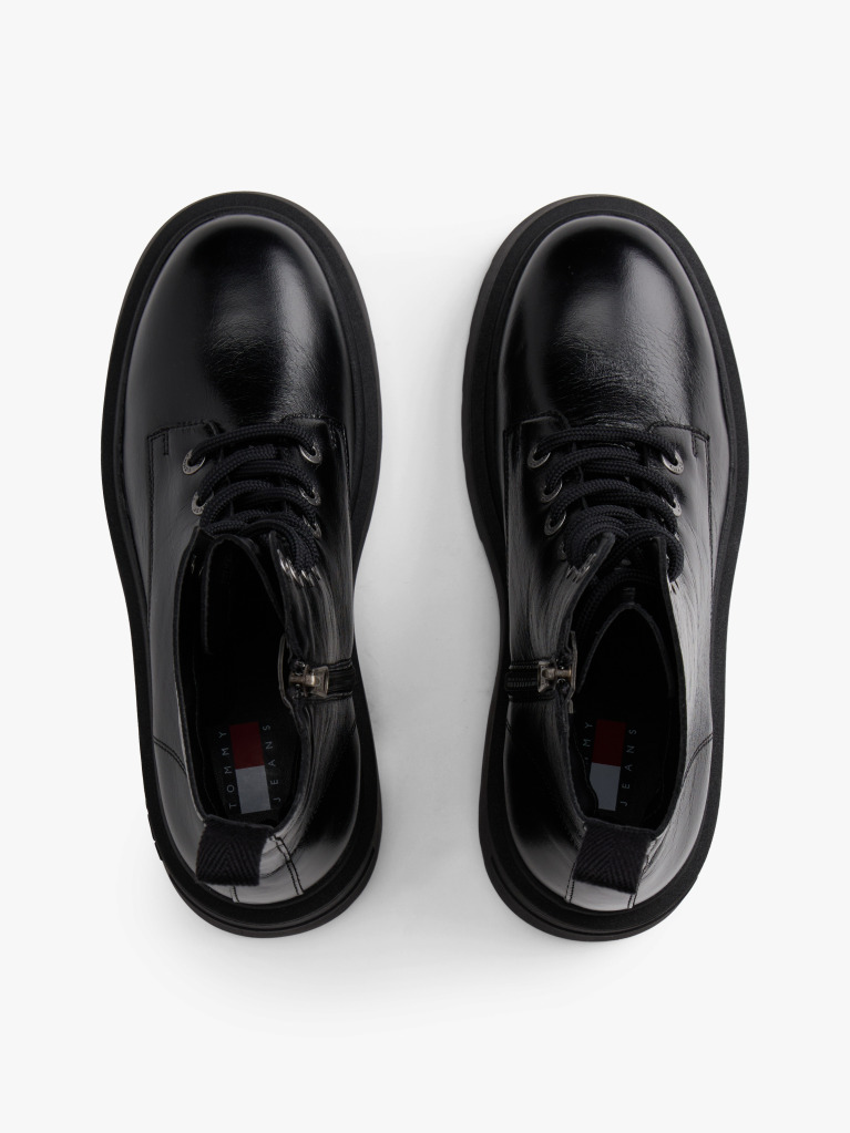 Black Shiny Leather Chunky Cleat Mid Boots  Women