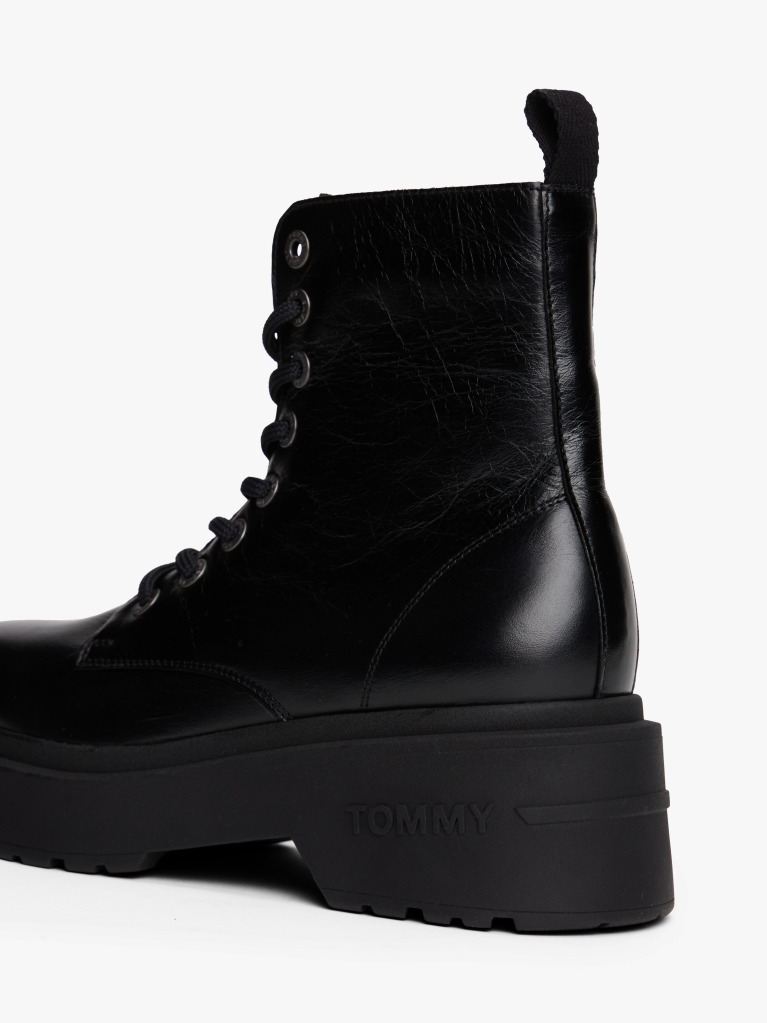 Black Shiny Leather Chunky Cleat Mid Boots  Women