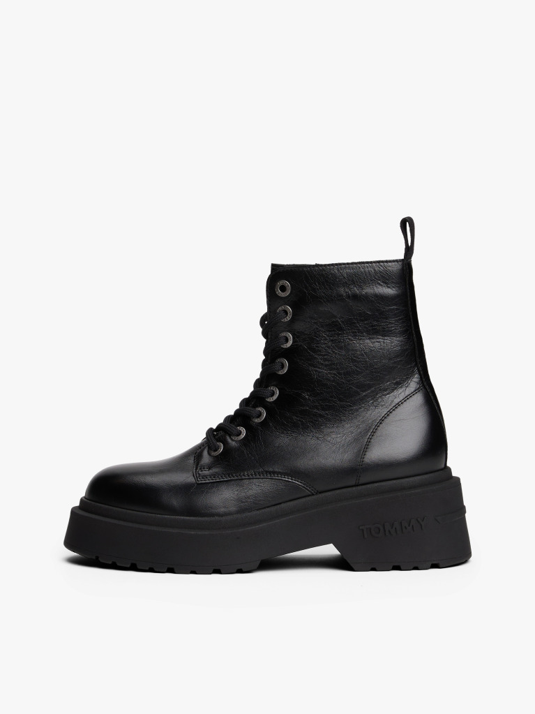 Black Shiny Leather Chunky Cleat Mid Boots  Women