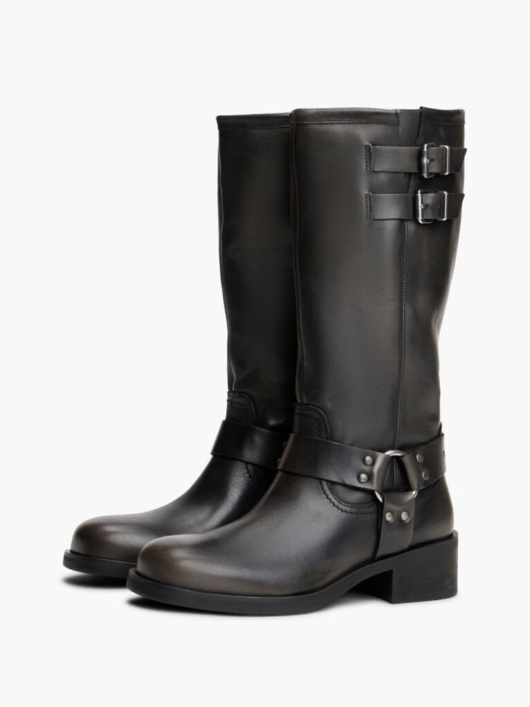 Black Leather Knee High Biker Boots  Women