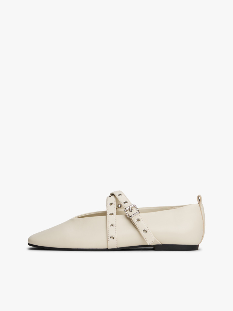 Beige Leather Crossover Strap Mary Jane  Women