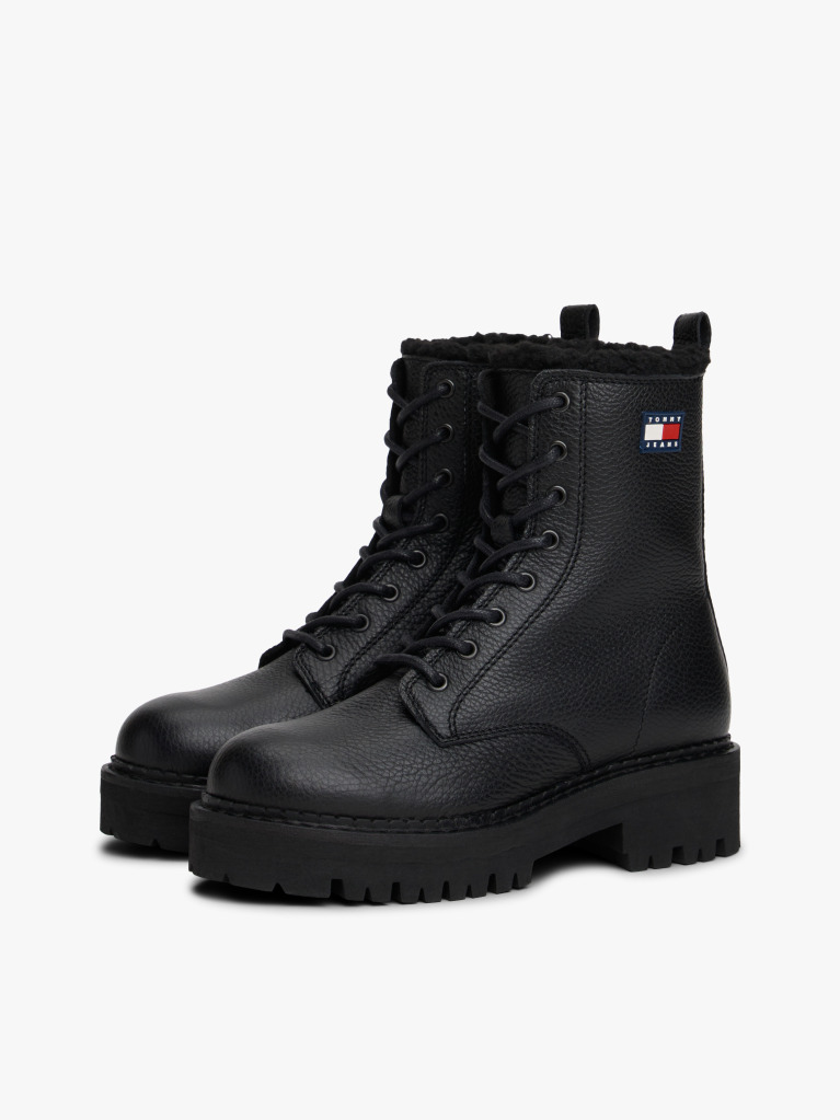 Black Leather Warm Lined Cleat Mid Boots  Women