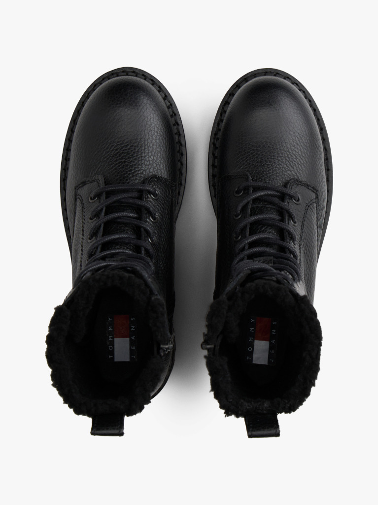 Black Leather Warm Lined Cleat Mid Boots  Women