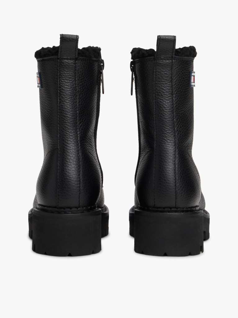 Black Leather Warm Lined Cleat Mid Boots  Women