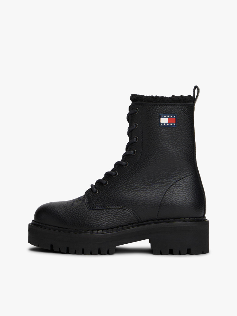 Black Leather Warm Lined Cleat Mid Boots  Women