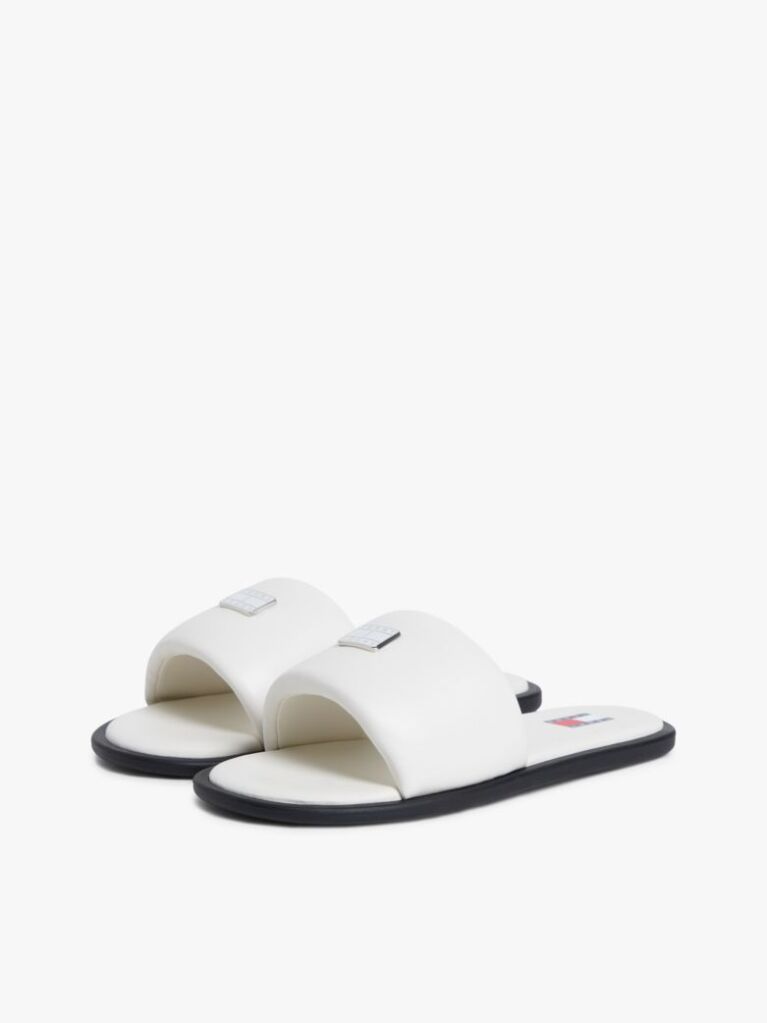 White Leather Padded Strap Slides  Women