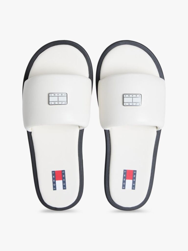 White Leather Padded Strap Slides  Women