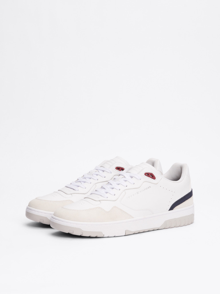 White Leather Mixed Texture Basketball Trainers  Men