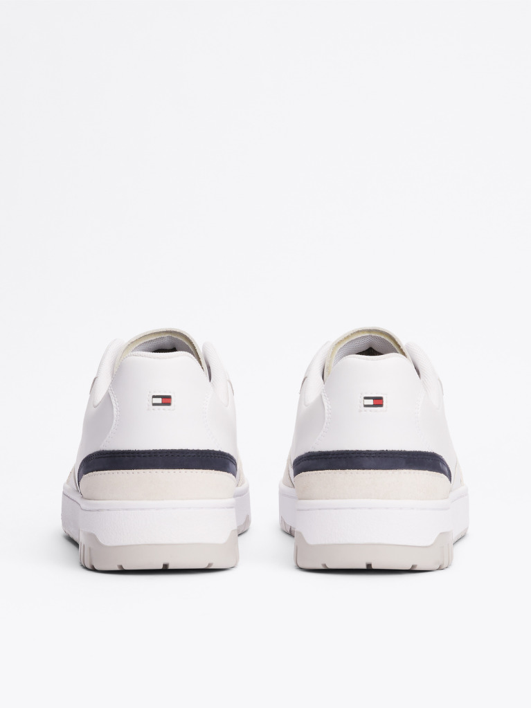 White Leather Mixed Texture Basketball Trainers  Men