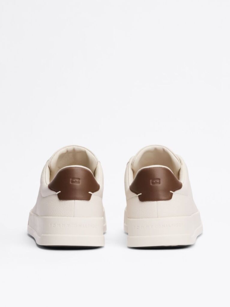 Beige Leather Textured Court Trainers  Men