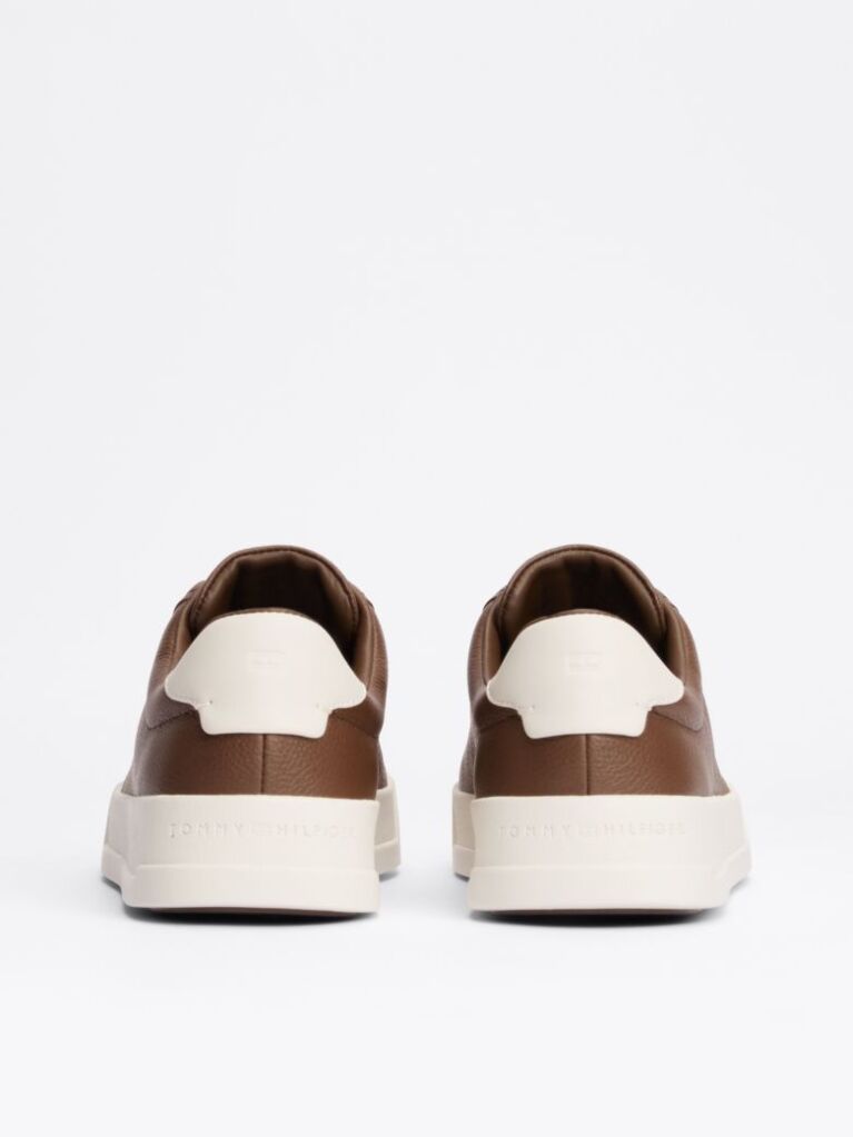 Brown Leather Textured Court Trainers  Men