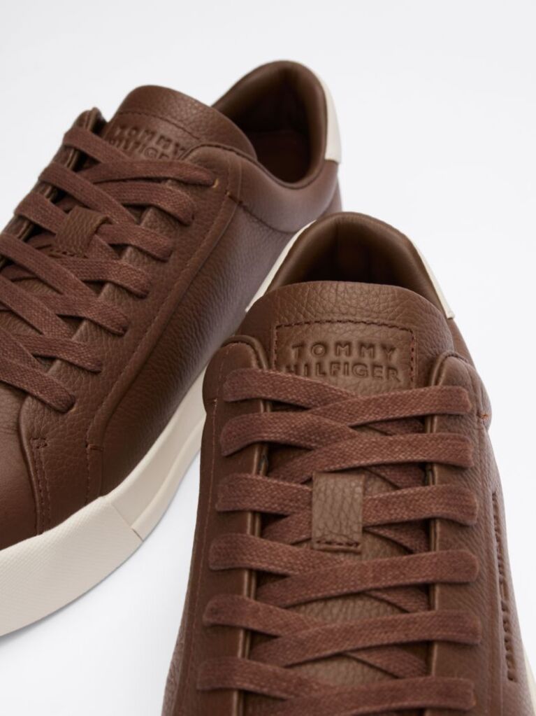 Brown Leather Textured Court Trainers  Men