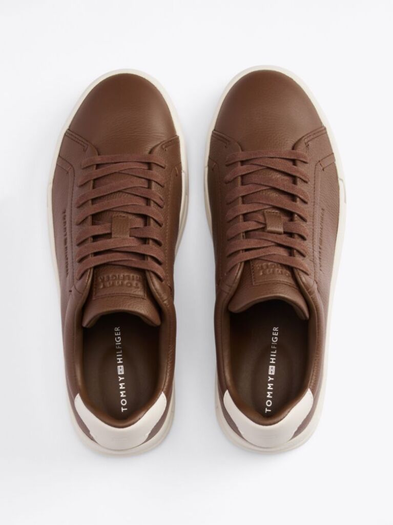Brown Leather Textured Court Trainers  Men