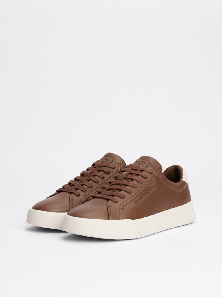 Brown Leather Textured Court Trainers  Men