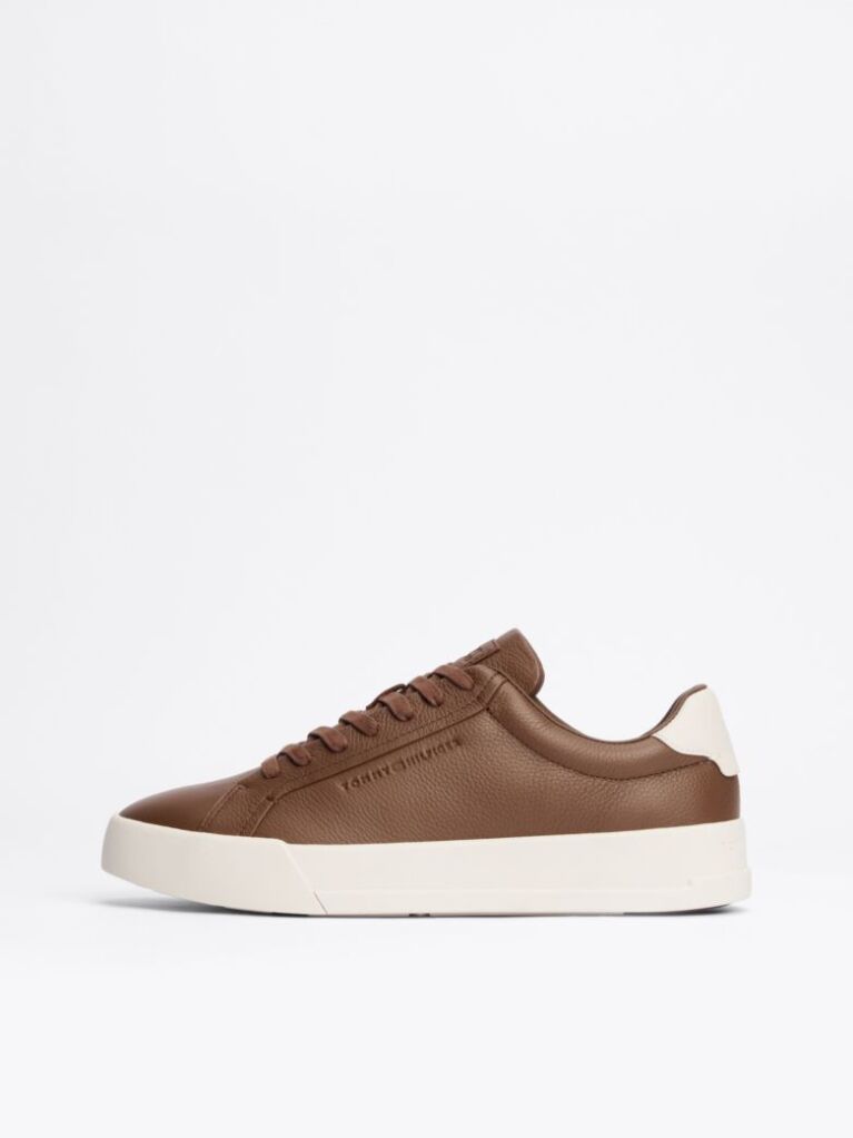 Brown Leather Textured Court Trainers  Men