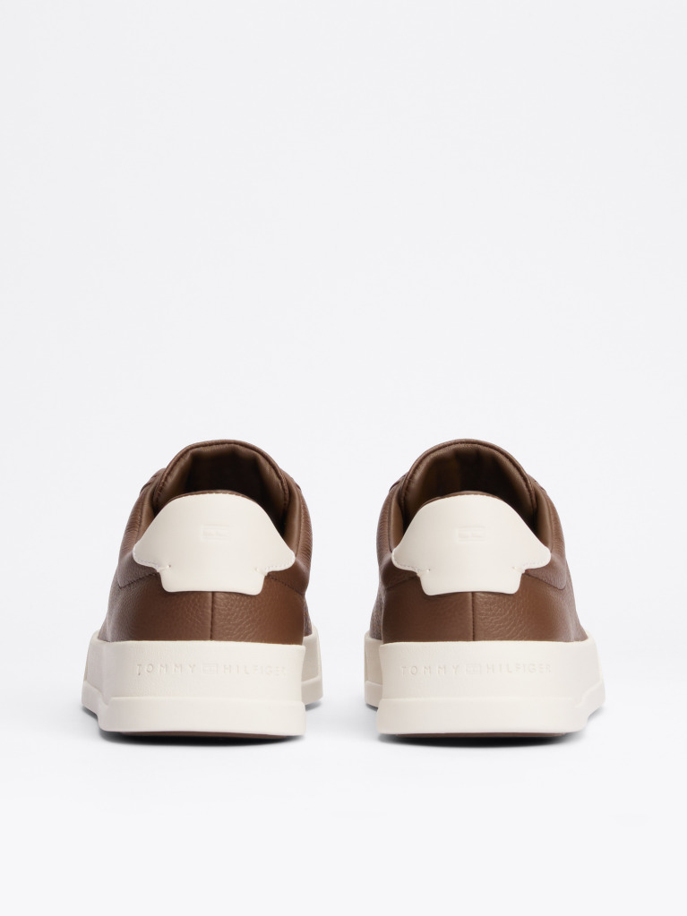 Brown Leather Textured Court Trainers  Men