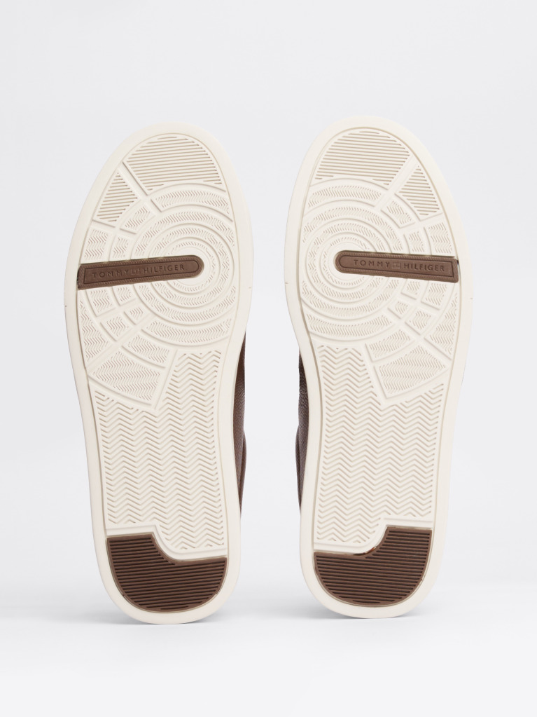 Brown Leather Textured Court Trainers  Men