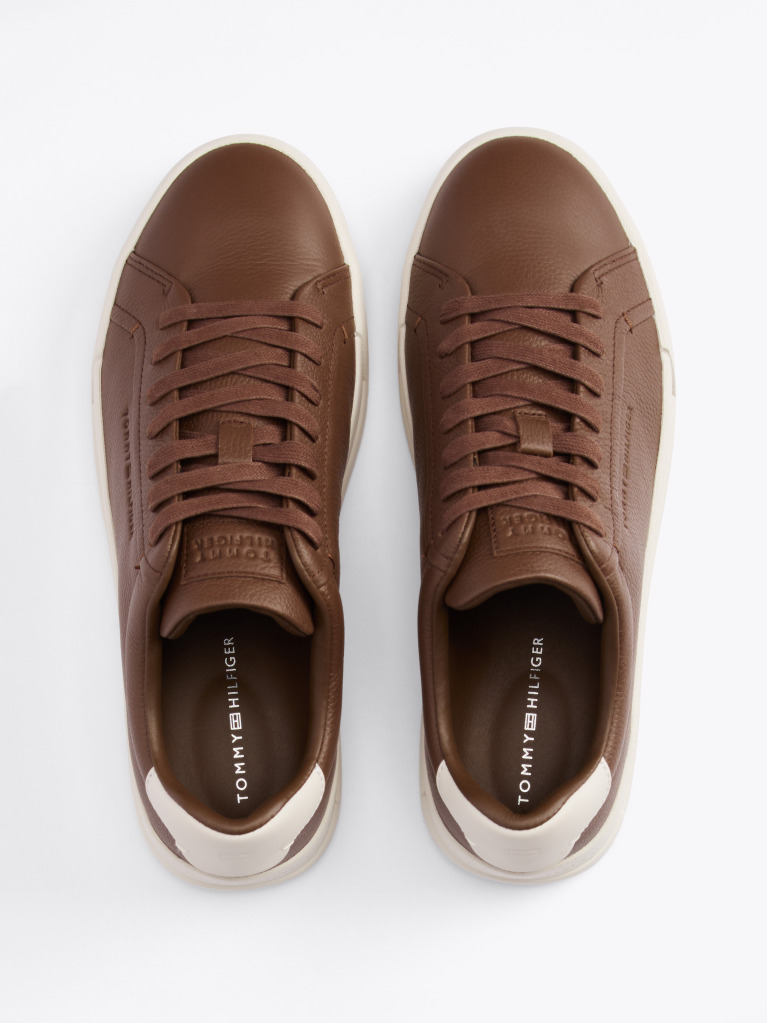 Brown Leather Textured Court Trainers  Men