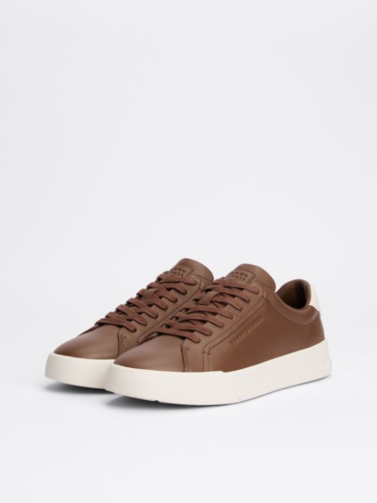 Brown Leather Textured Court Trainers  Men