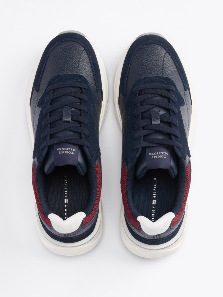 Blue Mixed Texture Leather Trainers  Men